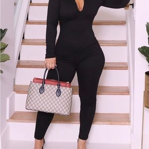 black zip up body suite